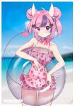  1girl absurdres ahoge artist_name bangs beach blue_eyes border breasts cowboy_shot cross-laced_clothes cross-laced_swimsuit day fruit_print hair_ornament heart heart_hair_ornament highres horns innertube ironmouse large_breasts lens_flare multicolored_hair outdoors pink_hair pink_swimsuit purple_hair satsumaroo solo strawberry_print streaked_hair swimsuit tail virtual_youtuber vshojo white_border 