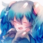 1girl black_sleeves blue_hair closed_eyes commentary dappled_sunlight fang fuyuzuki_gato hair_ornament hatsune_miku highres long_hair open_mouth skin_fang sleeves_past_fingers sleeves_past_wrists smile solo sunlight twintails upper_body vocaloid white_background 