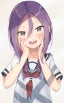  1girl absurdres bangs black_sailor_collar blush braid brown_eyes chromatic_aberration commentary_request hair_between_eyes hands_on_own_cheeks hands_on_own_face hands_up highres kuricona long_hair looking_at_viewer neckerchief open_mouth purple_hair red_neckwear sailor_collar school_uniform serafuku shadow shirt simple_background solo soredemo_ayumu_wa_yosetekuru twin_braids upper_body white_background white_shirt yaotome_urushi 