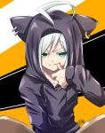  1boy ahoge androgynous animal_hood blue_eyes cat_hood collarbone commentary_request drawstring earrings green_eyes heterochromia hood hoodie jewelry looking_at_viewer mahiruno male_focus purple_hoodie signature sitting solo thumb_to_mouth utatane_piko v-shaped_eyebrows vocaloid white_hair 