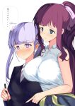  ... 2girls absurdres blue_eyes blush breasts closed_mouth dinsoreprong64 ear_blush eyebrows_visible_through_hair highres holding holding_stylus large_breasts light_purple_hair long_hair mixed-language_text multiple_girls new_game! parted_lips ponytail purple_hair stylus suzukaze_aoba takimoto_hifumi teeth violet_eyes yuri 