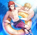  2boys blonde_hair bracelet floating granblue_fantasy green_eyes jewelry kingyo_114 multiple_boys percival_(granblue_fantasy) red_eyes redhead shirtless smile vane_(granblue_fantasy) 