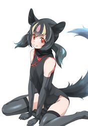  1girl absurdres aye-aye_(kemono_friends) bare_shoulders between_legs black_dress black_gloves black_hair black_legwear black_neckwear blonde_hair china_dress chinese_clothes commentary_request dress elbow_gloves eyebrows_visible_through_hair gloves hand_between_legs highlights highres kemono_friends lemur_ears lemur_girl lemur_tail looking_at_viewer multicolored_hair pink_hair red_eyes scarf short_hair sitting sleeveless solo tanabe_(fueisei) thigh-highs twintails wariza zettai_ryouiki 