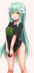  1girl alternate_costume aqua_hair bangs bare_legs bare_shoulders blush breasts cowboy_shot dragon_horns fate/grand_order fate_(series) hair_between_eyes highres horns kiyohime_(fate) large_breasts long_hair looking_at_breasts no_pants sen_(astronomy) shirt shirt_tug short_sleeves sidelocks solo straight_hair t-shirt yellow_eyes 