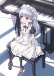  1girl apron black_dress black_footwear black_legwear book child dress full_body grand_piano highres instrument long_hair maid maid_headdress mary_janes original pantyhose petals piano piano_bench reading red_eyes shoes short_sleeves silver_hair sitting solo white_apron yucchi_(przs2843) 