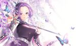 1girl absurdres belt belt_buckle black_hair blurry blurry_foreground breasts buckle bug butterfly butterfly_hair_ornament flower gradient_hair hair_ornament haori highres holding holding_sword holding_weapon insect jacket japanese_clothes kimetsu_no_yaiba kochou_shinobu large_breasts long_sleeves multicolored_hair purple_flower purple_hair purple_jacket sha shiny shiny_hair short_hair smile solo standing sword violet_eyes weapon white_belt 