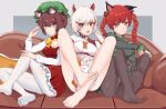  3d 3girls :3 :o absurdres animal_ear_fluff animal_ears bad_anatomy black_legwear bow bowtie braid breasts brown_eyes brown_hair calico callmaichi cat_ears chen couch dress feet goutokuji_mike green_dress grey_background hat highres kaenbyou_rin long_hair looking_at_viewer medium_breasts midriff mob_cap multicolored_hair multiple_girls open_mouth pantyhose red_dress red_eyes redhead short_hair silver_hair simple_background sitting streaked_hair toes touhou trait_connection twin_braids twintails white_legwear yellow_neckwear 