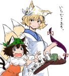  3girls adapted_costume animal_ear_fluff animal_ears blonde_hair blush brown_hair cat_ears cat_tail chen cup dress fang food fox_ears fox_tail gap_(touhou) highres holding holding_food holding_tray japanese_clothes kappougi kerchief kimono long_sleeves multiple_girls multiple_tails onigiri open_mouth outstretched_arms paw_print paw_print_pattern red_dress sen_(daydream_53) shirt short_hair simple_background smile tail touhou translation_request tray upper_body white_background white_kimono white_shirt yakumo_ran yakumo_yukari yellow_eyes yunomi 