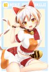  1girl :d animal_ears bell blush breasts cat_ears cat_tail character_name coin collar fangs feet_out_of_frame goutokuji_mike jingle_bell looking_at_viewer maneki-neko medium_breasts midriff multicolored_hair nnyara open_mouth paw_pose shirt short_hair shorts silver_hair smile solo streaked_hair tail touhou yellow_eyes 