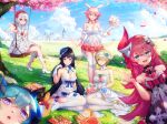  6+girls absurdres black_hair blue_eyes blue_hair blue_sky bread breasts bride brown_hair cherry_blossoms clouds cloudy_sky dress flower food hair_flower hair_ornament highres honkai_(series) honkai_impact_3rd liliya_olenyeva long_hair looking_at_viewer multiple_girls open_mouth outdoors pink_hair raiden_mei red_eyes red_flower rita_rossweisse rose rozaliya_olenyeva short_hair siblings sky sushi swing theresa_apocalypse thigh-highs twins violet_eyes wedding_dress white_hair xiaomu_(a414171448) yae_sakura 