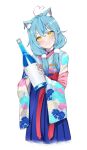  1girl absurdres ahoge bangs blue_hair blush bottle bow elf eyebrows_visible_through_hair hair_behind_ear head_tilt heart_hair highres hitsujisnow holding holding_bottle hololive japanese_clothes kemonomimi_mode kimono looking_at_viewer official_alternate_costume pointy_ears red_bow sake_bottle smile solo twintails virtual_youtuber yellow_eyes yukihana_lamy 