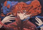  1girl absurdres cape commentary_request eyeball grey_background hands_up highres huge_filesize looking_at_viewer melting misohagi red_cape red_eyes redhead sekibanki short_hair simple_background skull smile solo touhou upper_body 