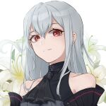  1girl arknights ascot bangs bare_shoulders black_neckwear chinese_commentary commentary_request flower hair_between_eyes long_hair looking_at_viewer nekonomi no_hat no_headwear red_eyes silver_hair skadi_(arknights) solo upper_body white_flower 