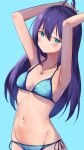  1girl absurdres ahoge aqua_eyes armpits arms_up bangs bikini blue_background blue_bikini blush breasts commentary_request cowboy_shot eyebrows_visible_through_hair hair_between_eyes highres idolmaster idolmaster_million_live! jewelry kuro_kinkan long_hair looking_at_viewer medium_breasts mochizuki_anna navel necklace purple_hair reward_available side-tie_bikini simple_background solo string_bikini swimsuit 