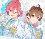  2boys ;d ahoge bangs blurry blurry_background brown_eyes brown_hair closed_mouth collared_shirt commentary_request depth_of_field eyebrows_visible_through_hair flower formal gloves gyozanuko hair_between_eyes hand_on_another&#039;s_shoulder hands_up highres jacket kannabe_ayumu kuzuryuu_yaichi long_sleeves male_focus multiple_boys one_eye_closed open_mouth pink_hair ryuuou_no_oshigoto! shirt smile suit upper_body violet_eyes white_flower white_gloves white_jacket white_neckwear white_shirt yellow_flower 