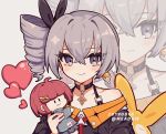  absurdres bare_shoulders bronya_zaychik closed_mouth drill_hair earrings grey_eyes grey_hair heart highres holding honkai_(series) honkai_impact_3rd jewelry looking_at_viewer meadow_(morphinecaca) simple_background smile 