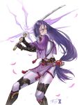  1girl absurdres armor blush bow breasts fate/grand_order fate_(series) fingerless_gloves gloves gradient hair_between_eyes highres holding holding_weapon katana lan_xiezi large_breasts light_purple_eyes long_hair minamoto_no_raikou_(fate) parted_lips petals puffy_sleeves purple_hair signature simple_background solo sword turtleneck vambraces very_long_hair violet_eyes weapon white_background 