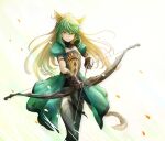  1girl absurdres ahoge animal_ears atalanta_(fate) blonde_hair bow_(weapon) cat_ears dress fate/apocrypha fate/grand_order fate_(series) gauntlets green_hair highres holding holding_bow_(weapon) holding_weapon long_hair multicolored_hair puffy_short_sleeves puffy_sleeves short_sleeves smile solo thigh-highs two-tone_hair weapon yuniyuni 