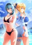  2girls bare_shoulders beach bikini blonde_hair blouse blue_hair blue_sky blush bow breasts crossed_arms detached_sleeves eula_lawrence frilled_sleeves frills genshin_impact hair_bow highres jean_gunnhildr medium_breasts mon-chan multiple_girls navel ponytail see-through see-through_sleeves shorts sky standing swimsuit 