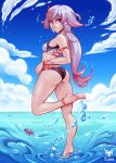  1girl bare_shoulders barefoot beach bikini blue_sky breasts clouds cloudy_sky crab foxilumi fu_hua fu_hua_(phoenix) honkai_(series) honkai_impact_3rd legs long_hair looking_at_viewer looking_back pinup_(style) ponytail red_eyes sky small_breasts smile solo summer swimsuit white_hair 