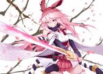  1girl absurdres animal_ears cherry_blossoms closed_mouth fox_ears highres holding holding_weapon honkai_(series) honkai_impact_3rd katana kklona looking_at_viewer pink_hair sheath sheathed simple_background solo sword violet_eyes weapon white_background white_legwear yae_sakura yae_sakura_(gyakushinn_miko) 