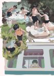  1boy 1girl absurdres barefoot black_hair brown_hair butterfly_net carrying_over_shoulder child commentary_request grass green_eyes grey_shirt ground_vehicle hand_net highres hololive male_swimwear mixed-language_commentary multiple_views oozora_subaru outdoors samu_(7643109) shirt shirtless short_hair sleeveless sleeveless_shirt soaking_feet splashing topless train virtual_youtuber yellow_shirt younger 