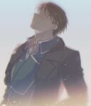  1boy aiguillette aqua_background arms_at_sides backlighting black_coat black_eyes black_hair blue_jacket blurry blurry_background chisan_(chisan_chishou) chromatic_aberration close-up coat collared_jacket collared_shirt fullmetal_alchemist gradient gradient_background grey_background head_back highres jacket lens_flare light_particles light_smile looking_afar looking_back male_focus muted_color open_clothes open_coat parted_lips profile roy_mustang shiny shiny_hair shirt simple_background spiky_hair teeth tsurime upper_body upper_teeth vignetting white_shirt 