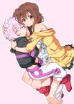  2girls animal_ear_fluff animal_ears barefoot brown_eyes brown_hair cat_ears cat_girl closed_eyes closed_mouth dog_ears dog_girl eyebrows_visible_through_hair hand_on_another&#039;s_back hand_on_another&#039;s_head hololive hug inugami_korone jacket midriff multiple_girls nekomata_okayu oge_(ogeogeoge) purple_hair virtual_youtuber yellow_jacket yuri 