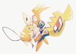  alolan_form alolan_raichu blue_eyes closed_mouth commentary_request fireblast gen_7_pokemon legendary_pokemon no_humans pokemon pokemon_(creature) simple_background smile tapu_koko white_background 