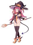  1girl black_legwear blade_(galaxist) blue_eyes blush brown_headwear closed_mouth demon_tail elizabeth_bathory_(fate) elizabeth_bathory_(fate)_(all) fate/grand_order fate_(series) flat_chest full_body hat highleg highleg_leotard holding horn_ornament horns horns_through_headwear leotard long_hair looking_at_viewer pink_hair pointy_ears pointy_footwear simple_background skindentation solo standing tail thigh-highs two_side_up white_background witch_hat 