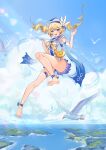  1girl absurdres bag barbara_pegg bare_legs bare_shoulders barefoot bird blue_sky blush bow bowtie clouds cloudy_sky day flower full_body genshin_impact hair_flower hair_ornament hat highres legs open_mouth sailor_hat seagull sky smile swimsuit toes water 