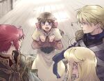  2boys 2girls acolyte_(ragnarok_online) armor assassin_(ragnarok_online) bandages bangs blonde_hair blue_eyes blush brown_capelet brown_hair brown_shirt cape capelet commentary_request eyebrows_visible_through_hair feet_out_of_frame long_hair long_sleeves looking_at_another looking_at_viewer multiple_boys multiple_girls open_mouth orange_eyes pauldrons priest_(ragnarok_online) purple_scarf purple_shirt ragnarok_online red_shirt redhead scarf sezaki_takumi shirt short_hair shoulder_armor skirt torn_scarf upper_body violet_eyes white_cape white_capelet white_skirt wizard_(ragnarok_online) 