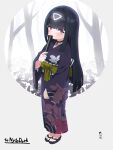  1girl bangs black_choker black_footwear black_hair black_kimono blue_eyes blunt_bangs blush bow brown_bow choker closed_fan commentary commission covered_mouth eyebrows_visible_through_hair facial_mark fan folding_fan full_body girls_frontline grey_background highres holding holding_fan japanese_clothes kimono kuro_kosyou long_hair long_sleeves looking_at_viewer nyto_(girls_frontline) obi paradeus sash skeb_commission sleeves_past_wrists solo standing very_long_hair wide_sleeves zouri 