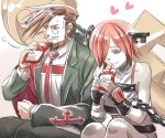  1boy 1girl a.b.a bandages beard blood chain drinking facial_hair green_eyes guilty_gear guilty_gear_xx key_in_head mitsumachi_senji paracelsus redhead short_hair sitting slayer_(guilty_gear) 