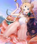  1girl abigail_williams_(fate) abigail_williams_(swimsuit_foreigner)_(fate) bangs bare_shoulders black_cat blonde_hair blue_eyes braid braided_bun breasts cat double_bun dress_swimsuit fate/grand_order fate_(series) feet forehead highres keyhole legs long_hair mitre parted_bangs setta_shu sidelocks sitting small_breasts swimsuit toes twintails very_long_hair white_headwear white_swimsuit 
