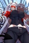  1boy 1girl ass_visible_through_thighs belt breasts covered_nipples demon_girl demon_tail goggles grin helltaker highres horns large_breasts long_hair looking_at_viewer looking_down loremaster_(helltaker) midriff navel nuezou smile subject_67_(helltaker) tail thighs white_hair 