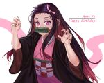  1girl absurdres checkered checkered_clothing claw_pose english_text fingernails gradient gradient_hair happy highres japanese_clothes kamado_nezuko kimetsu_no_yaiba kimono lan_xiezi long_fingernails long_hair long_sleeves multicolored multicolored_hair pink_kimono purple_hair red_nails redhead sharp_fingernails solo very_long_fingernails violet_eyes wide_sleeves 