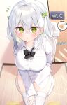 1girl :o bangs black_bow blush bow bowtie breasts chihiro_(khorosho) collared_shirt commentary_request eyebrows_visible_through_hair green_eyes hair_bow indoors large_breasts long_sleeves original shirt sitting solo_focus thigh-highs toilet toilet_use white_hair white_legwear white_shirt 