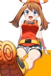  1girl :d bangs bare_arms bike_shorts blue_eyes blush bow_hairband bracelet breasts brown_hair commentary_request eyelashes hair_between_eyes hairband highres jewelry knees long_hair looking_at_viewer may_(pokemon) open_mouth orange_hairband pokemon pokemon_(game) pokemon_oras shirt shoe_soles shoes shorts sitting sleeveless sleeveless_shirt smile solo tongue white_shorts yellow_footwear yuihico 