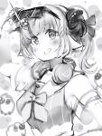  1girl animal_ears bare_shoulders bow bowtie curled_horns glint greyscale grin hand_up headphones headphones_around_neck highres hololive horns looking_at_viewer monochrome nanashi_(nlo) sheep_ears sheep_horns shirt smile solo sunglasses tsunomaki_watame twintails upper_body wristband 