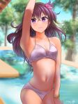  1girl absurdres bikini blurry bracelet breasts brown_hair cowboy_shot dangan_kurabu dated day depth_of_field hair_ornament highres jewelry kantai_collection kisaragi_(kancolle) long_hair looking_at_viewer nature outdoors small_breasts solo swimsuit tree twitter_username violet_eyes white_bikini 