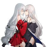  2girls arknights black_dress black_legwear closed_mouth commentary cowboy_shot dress highres holding_hands long_hair long_sleeves looking_at_another multiple_girls nekonomi off-shoulder_dress off_shoulder red_dress red_eyes silver_hair simple_background skadi_(arknights) skadi_the_corrupting_heart_(arknights) specter_(arknights) thigh-highs twintails very_long_hair white_background yuri 