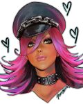  1girl final_fight glitter hat highres lipstick makeup peaked_cap pink_hair poison_(final_fight) portrait realistic sozomaika 