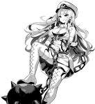  1girl azur_lane bangs bare_shoulders boots breasts chain cross-laced_footwear dress fur_trim gloves greyscale hat high_heel_boots high_heels highres hori_(hori_no_su) lace-up_boots large_breasts long_hair looking_down military_hat mole mole_on_breast monochrome multicolored_hair parted_bangs short_dress smile spikes stepping streaked_hair tallinn_(azur_lane) white_gloves 