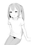  1girl blush closed_mouth greyscale highres k-on! long_hair looking_at_viewer luimiart monochrome nakano_azusa panties pantyhose shirt short_sleeves simple_background sitting smile solo twintails underwear white_background 
