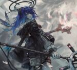  1girl arknights bag bangs blue_eyes blue_hair eyebrows_behind_hair gloves highres holding holding_scepter holding_weapon hood hooded_jacket horns jacket long_hair looking_at_viewer looking_back mostima_(arknights) scepter smile solo user_umrs8555 weapon 