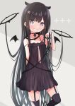  +_+ 1girl bangs black_dress black_hair black_legwear blush commentary_request detached_wings dress eyebrows_visible_through_hair garter_straps grin hair_ornament hand_up long_hair looking_at_viewer original siragagaga smile solo standing thigh-highs very_long_hair violet_eyes wings x_hair_ornament 