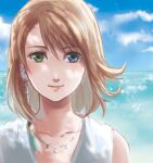  1girl blue_eyes brown_hair closed_mouth commentary final_fantasy final_fantasy_x green_eyes hair_ornament heterochromia highres jewelry looking_at_viewer marimoriah medium_hair necklace smile solo yuna_(ff10) 
