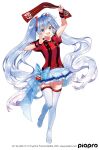  ;d ahoge arm_up bangs blue_bow blue_hair blush boots bow clothes_writing consadole_sapporo eyebrows_visible_through_hair frilled_skirt frills gradient_hair hand_up hanekoto hatsune_miku high_heel_boots high_heels highres holding jersey leg_up long_hair looking_at_viewer miniskirt multicolored_hair number official_art one_eye_closed open_mouth red_shirt shirt short_sleeves silver_hair simple_background skirt smile standing standing_on_one_leg striped striped_shirt sweatband thigh-highs thigh_boots twintails vertical-striped_shirt vertical_stripes very_long_hair vocaloid white_background white_skirt zettai_ryouiki 
