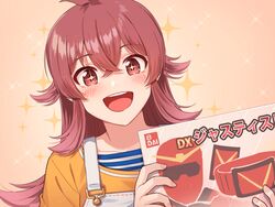  +_+ 1girl bandai bangs blush box collarbone eyebrows_visible_through_hair hair_between_eyes idolmaster idolmaster_shiny_colors kamille_(vcx68) komiya_kaho long_hair long_sleeves looking_at_viewer open_mouth parody pink_eyes pink_hair smile solo sparkle super_sentai 